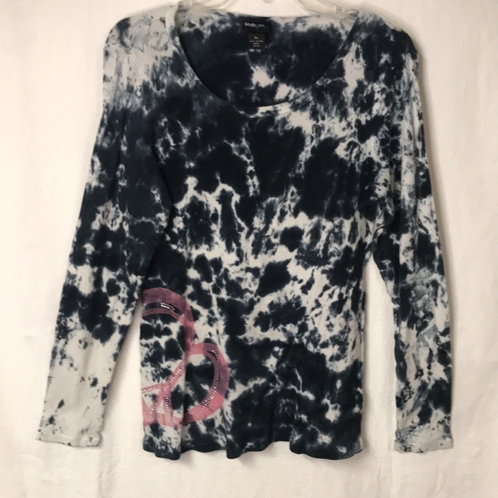 Style & Co Women’s Pullover Black/White Tie Dye  Tee PL Long Sleeves Peace sign